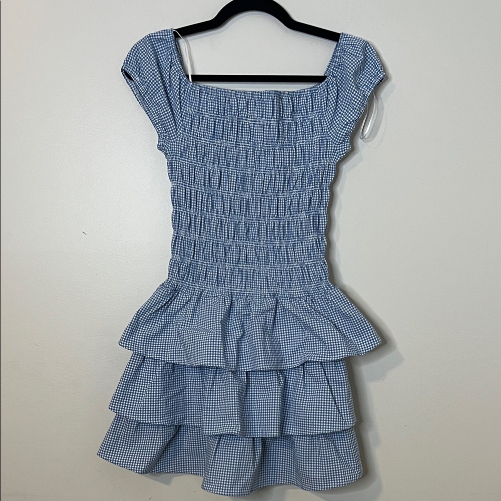 Blue Gingham Smocked Ruffle Dress scoop neck Cap sleeve